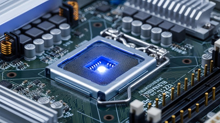 Close-up of a glowing cpu socket on a circuit board, highlighting modern computer technology and...