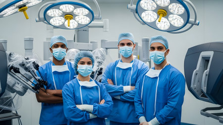 A dedicated team of medical professionals poised for an advanced surgical procedure in a modern...