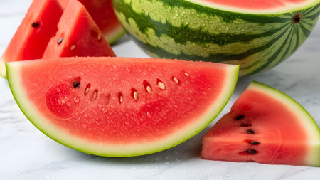 Refreshing summer treat: close-up of vibrant red watermelon slices and a whole fruit