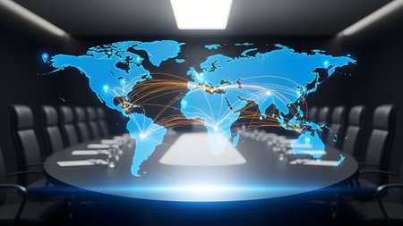 Global business connectivity with a futuristic holographic world map in a modern boardroom