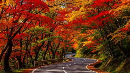 A winding road embraced by a tunnel of vibrant red and golden autumn leavesの写真素材