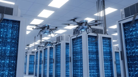 Automated drones inspecting and managing a futuristic data center with glowing server racks