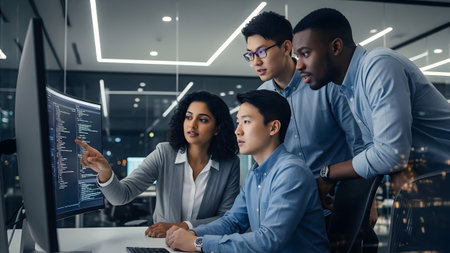 Diverse team of developers collaborating on a complex coding project in a modern office