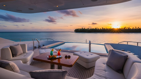 Enjoying a serene tropical sunset from the elegant deck of a luxury yacht