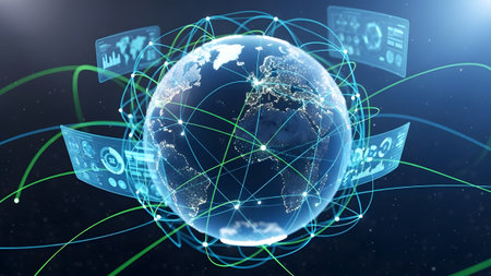 Global network connections and data analysis with holographic interfaces surrounding the earth