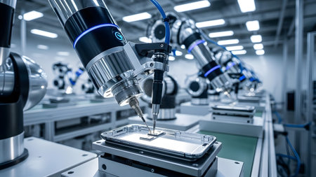 Advanced robotic arm precisely assembling electronic components in a modern high-tech factory