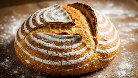 A golden-crusted artisan sourdough bread loaf with beautiful flour patterns