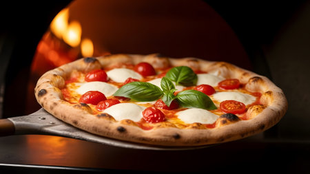 Authentic margherita pizza freshly baked in a traditional wood-fired ovenの写真素材