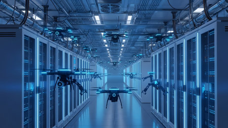 Autonomous drones flying through a high-tech data center for advanced monitoring and maintenance