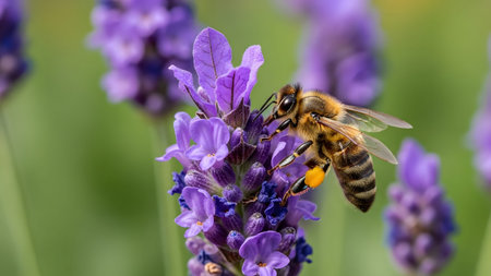 A busy honey bee collecting golden pollen from vibrant purple lavender blossoms
