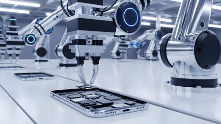 Robotic arm precisely assembling a smartphone on an automated production line