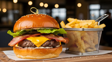 A mouthwatering bacon cheeseburger with golden french fries, served in a cozy restaurant setting