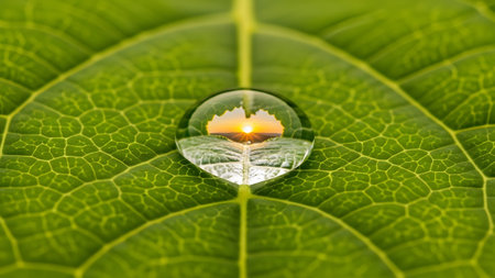 A mesmerizing sunset captured within a delicate water droplet on a vibrant green leaf
