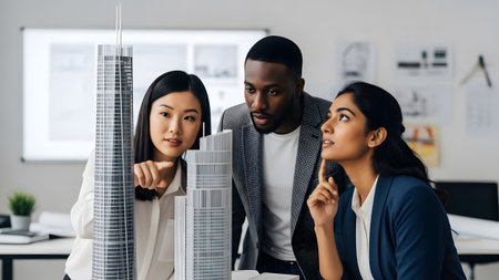 Diverse team of architects collaborating on an innovative skyscraper design projectの写真素材