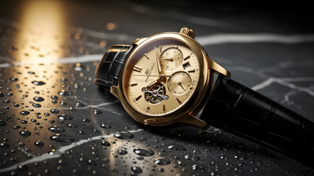 Wristwatch on a dark background with water drops, closeup