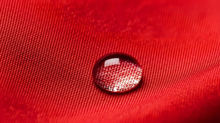 Water droplet on a vibrant red hydrophobic fabric showcasing textile technology