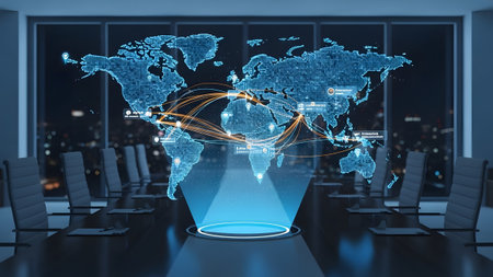 Digital world map hologram showcasing global business connectivity in a futuristic boardroom