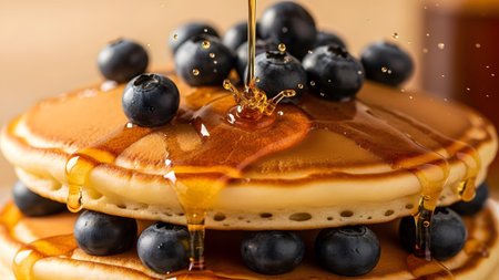 Delicious stack of fluffy pancakes topped with fresh blueberries and golden maple syrup being poured...