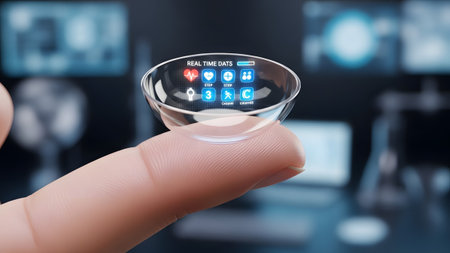 Futuristic smart contact lens on a finger displaying real-time data and digital icons