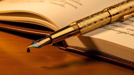 Elegant golden fountain pen with a solitary ink drop poised over a classic handwritten journalの写真素材