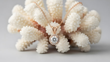 Elegant rose gold diamond halo pendant necklace displayed on delicate white coralの写真素材