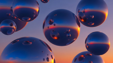 Abstract composition of shimmering metallic orbs reflecting the vibrant twilight sky