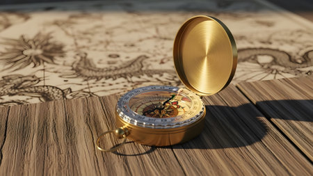 Vintage brass compass resting on an old map and rustic wooden planks in warm light