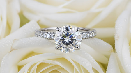 A radiant round brilliant diamond engagement ring delicately placed on white rose petals
