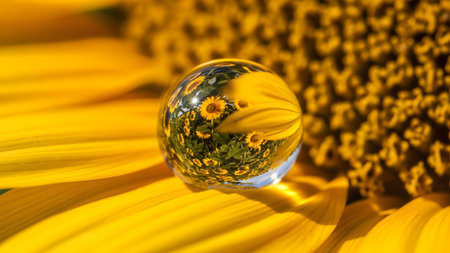 A captivating water drop reveals an inverted sunflower field on a bright yellow petal