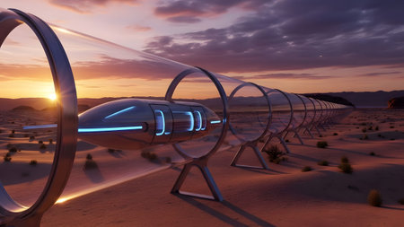 High-speed futuristic transportation pod gliding through a desert tube at sunset