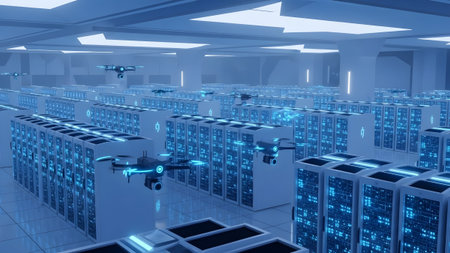 Drones monitoring a vast futuristic data center with glowing blue server racks