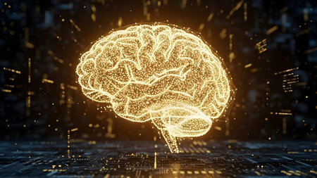 Digital brain glowing with neural network connections on a technological background representing...