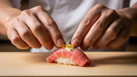 A master chef's delicate hand garnishing a luxurious piece of tuna nigiri with gold flakesの写真素材