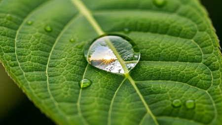 Morning dew on a vibrant green leaf capturing the serene beauty of a sunrise reflectionの写真素材