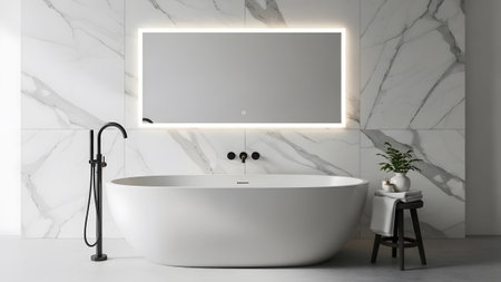 Elegant modern bathroom featuring a freestanding tub, sleek black fixtures, and a backlit mirror