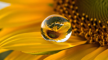 A captivating water droplet reflecting an inverted sunflower on a vibrant yellow petal