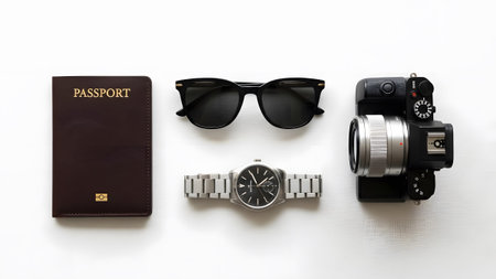 Essential items for an exciting global adventure including passport, camera, and sunglasses
