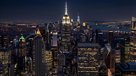 The iconic empire state building illuminating the vibrant new york city skyline at night