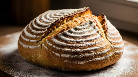 Artisan sourdough bread with a perfectly golden crust and decorative flour dusting