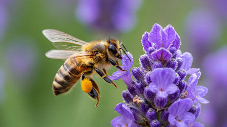 A busy honey bee collects pollen from a beautiful purple lavender flower in a garden