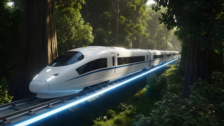 High-speed train glides through a vibrant forest on an illuminated track, symbolizing eco-transport
