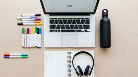 Modern workspace essentials for productivity and creative thinking on a wooden deskの写真素材