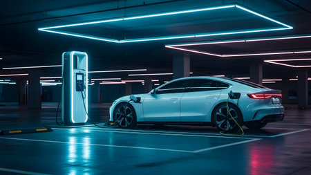 A modern white electric car charges at an illuminated station in a futuristic underground parking...
