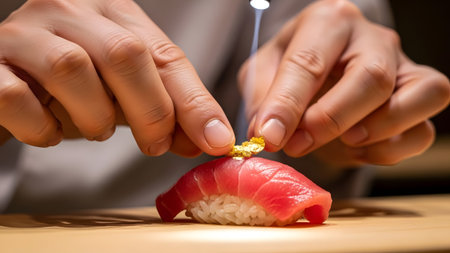 Expert hands delicately place edible gold leaf on a beautifully prepared tuna nigiri sushiの写真素材