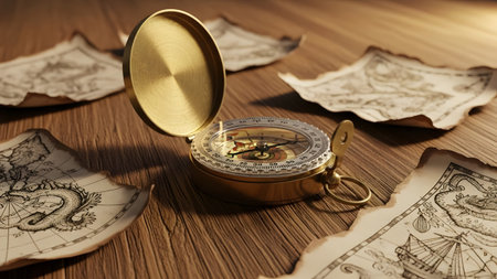 An antique brass compass sits on a rustic wooden table surrounded by vintage maps