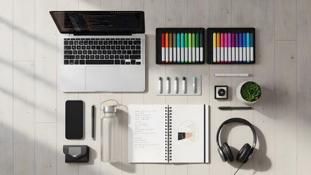 A modern and organized creative workspace setup with laptop, markers, and essential items