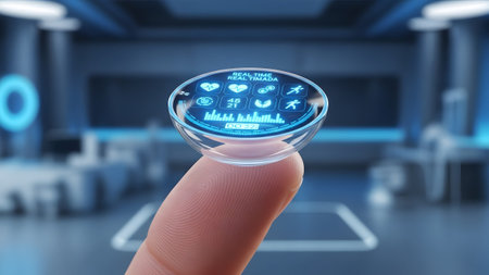 Futuristic smart contact lens showcasing real-time health data and biometric monitoring