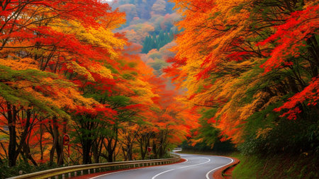 A scenic winding road framed by breathtaking autumn foliage in vivid red and orange huesの写真素材