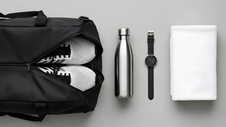 Essential gear for a productive workout session featuring a duffel bag, water bottle, watch, and...