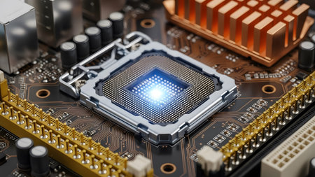 Close-up of a computer motherboard with an illuminated cpu socket and various components